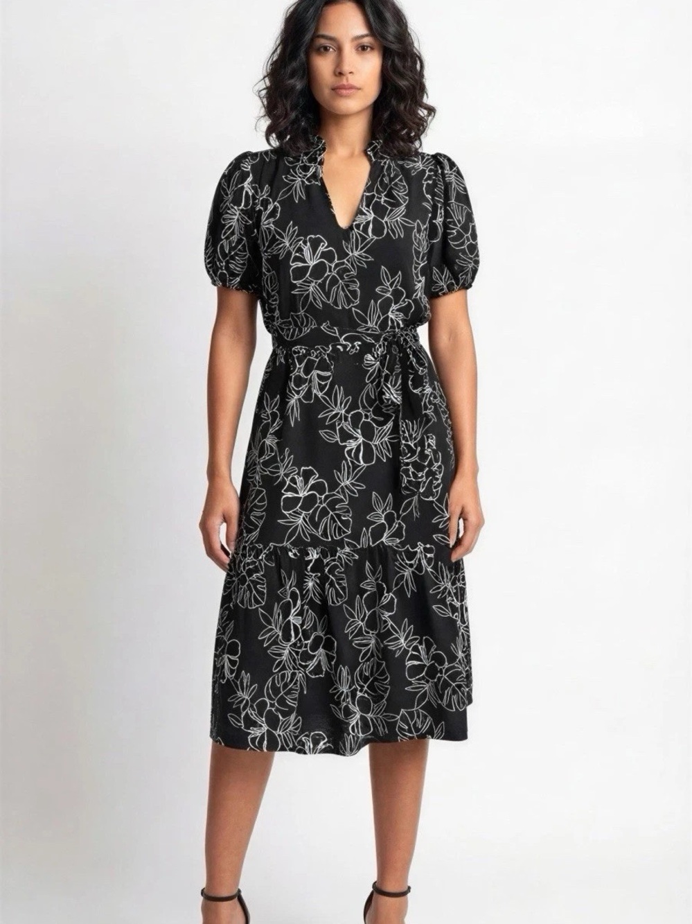 Ann Klein Women’s Floral Black & White Puff Sleeve Belted Dress Size 10 NWT